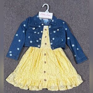 Little Lass Denim and Yellow Lace Jacket & Dress Set